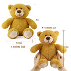 Yellow teddy bear with measurements shown from sitting, standing, and held by hands.