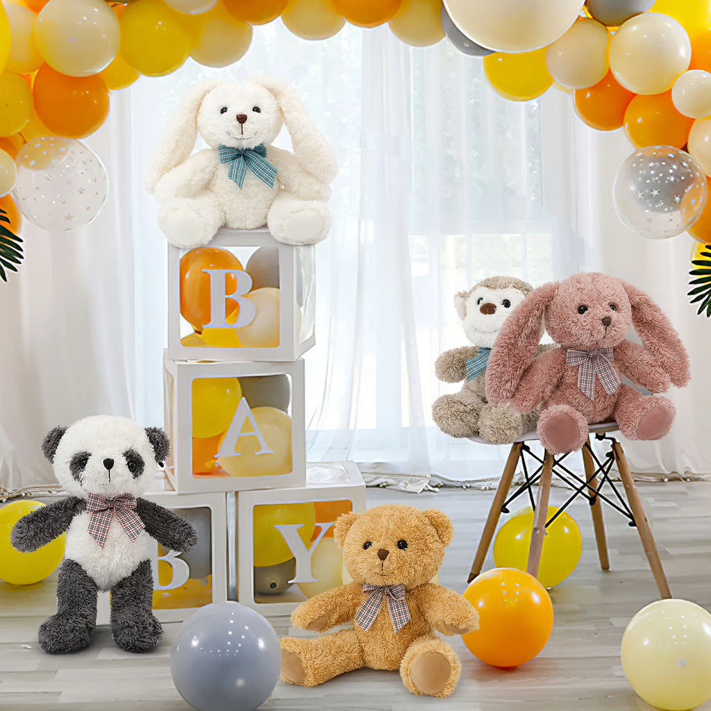 Children's room with stuffed animals and balloons, featuring the word 'BABY'.