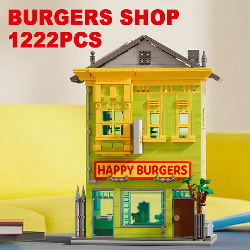 Model of a 'Happy Burgers' burger shop made from building blocks with 'Burgers Shop 1222PCS' text above.