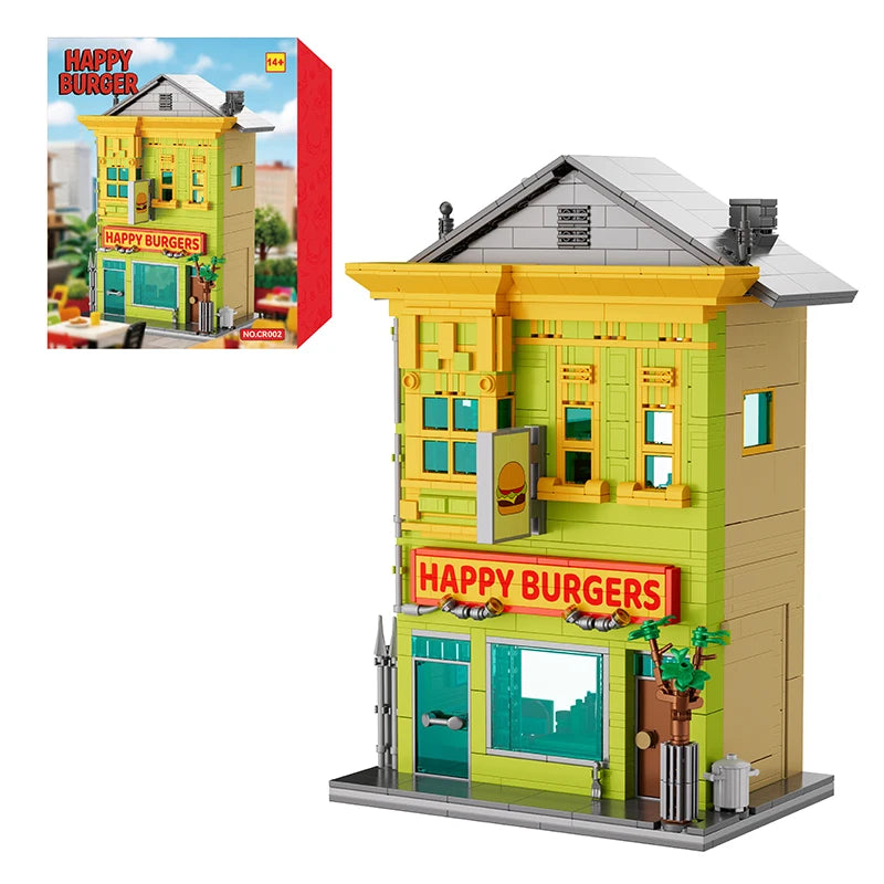 Model of a 'Happy Burgers' building made from interlocking bricks with packaging on the side.