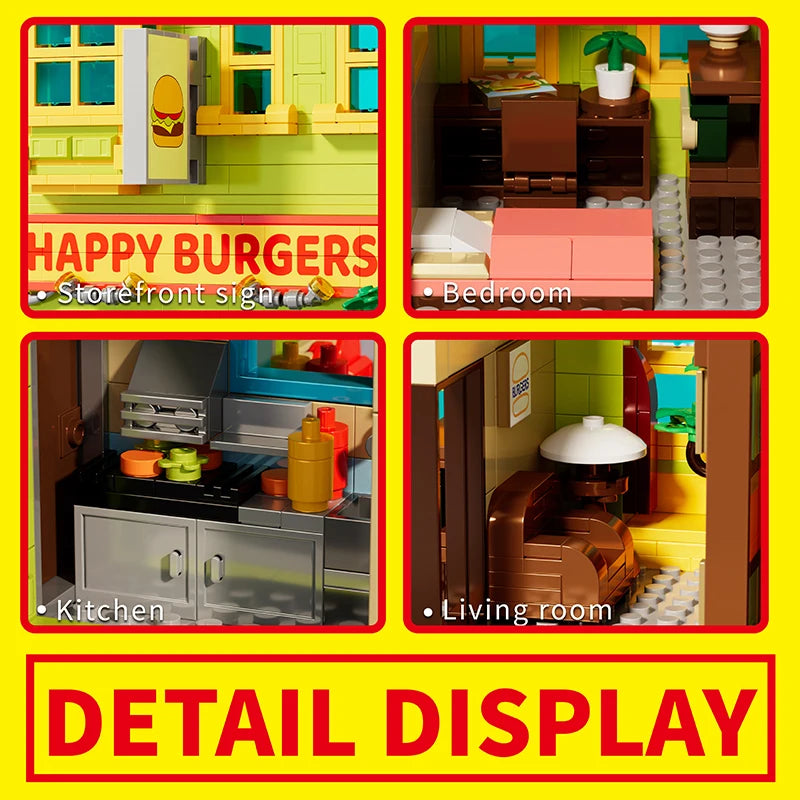 Collage of a toy set with different rooms labeled: Storefront, Bedroom, Kitchen, Living room.
