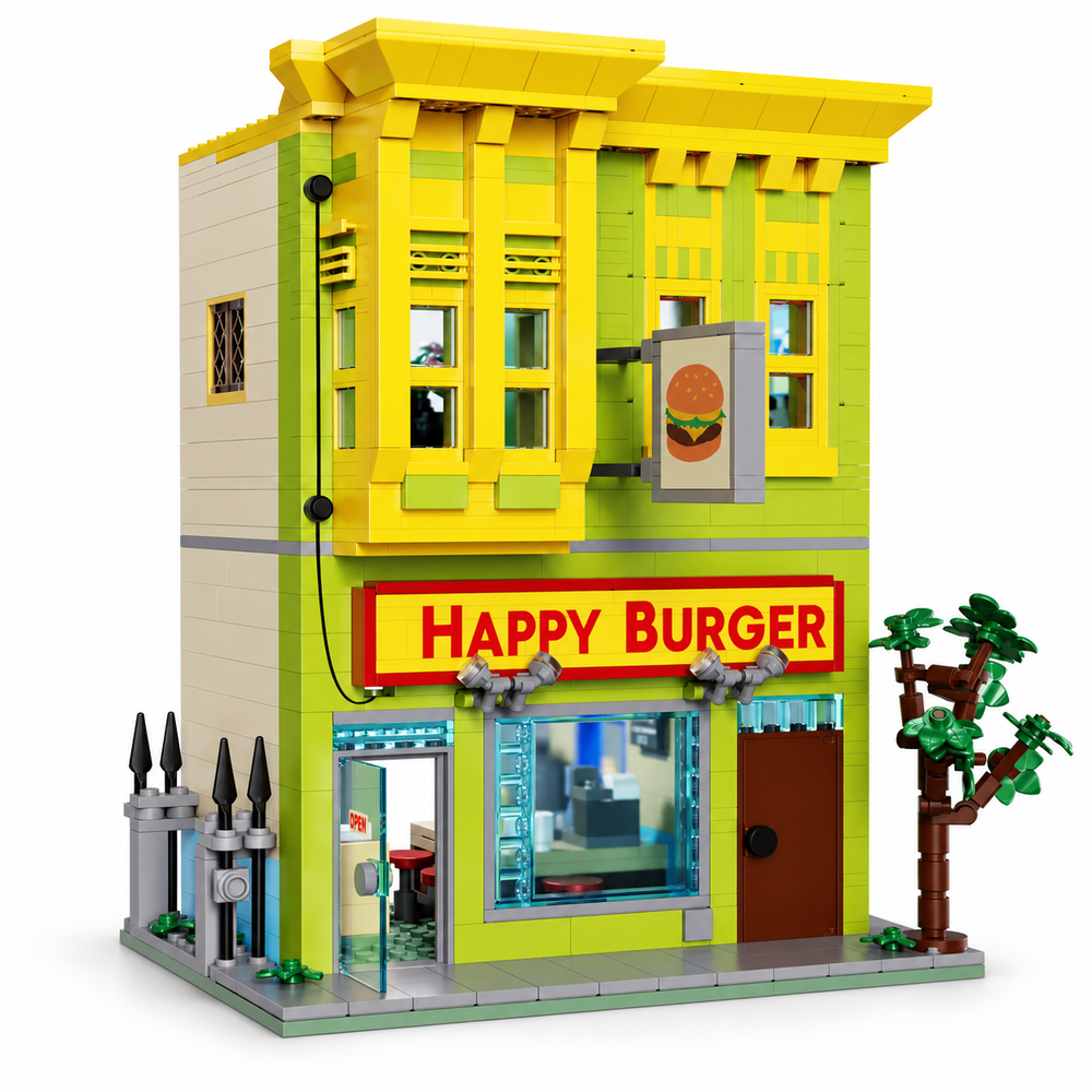 Two-story yellow and lime-green modular burger restaurant building-block set with Happy Burger sign, turquoise windows and brick tree.