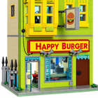 Close view of the yellow-green burger restaurant facade, Happy Burger sign, front windows and burger sign.