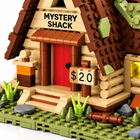 Close-up studio detail of the cabin porch, red door, $20 sign, log wall and brick texture on white.