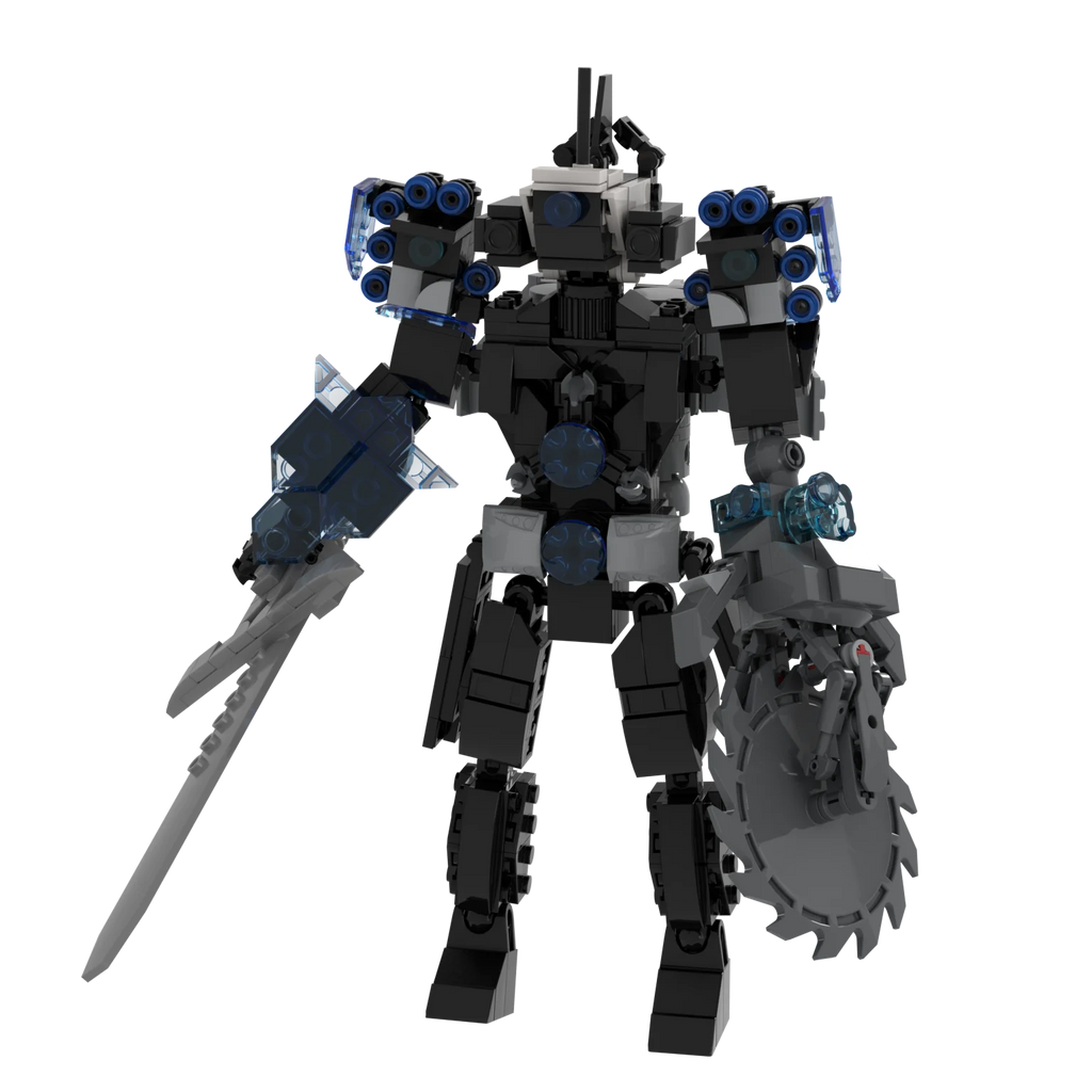 Mechanical robot figure with blue accents on a white background