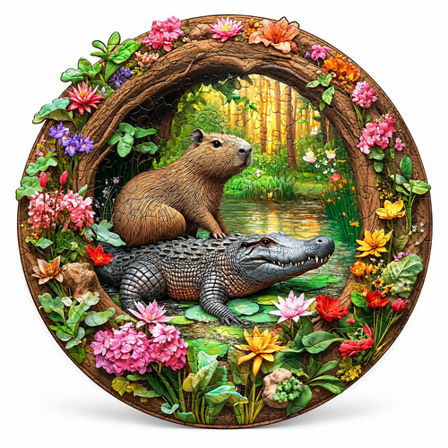 Capybara and Crocodile irregular wooden jigsaw puzzle