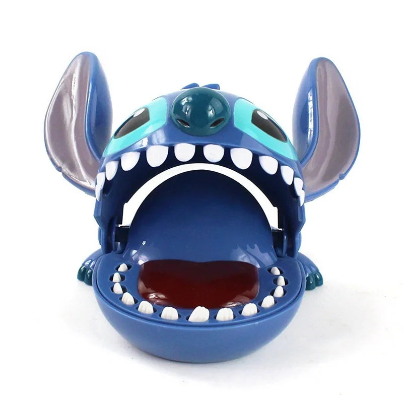 Front view of cartoon bite finger dentist game toy with wide open mouth