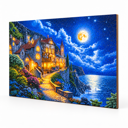 Moonlit Coastal Castle Wooden Jigsaw Puzzle - Unique Animal-Shaped Pieces - alternate view