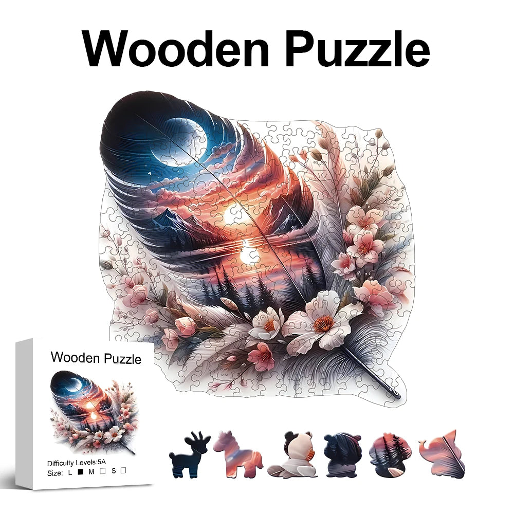 Celestial Feather Wooden Jigsaw Puzzle Unique Animal-Shaped Pieces Nature Art