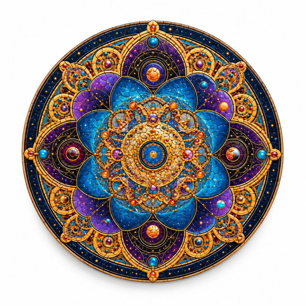 Completed Celestial Mandala Star wooden jigsaw puzzle on white background