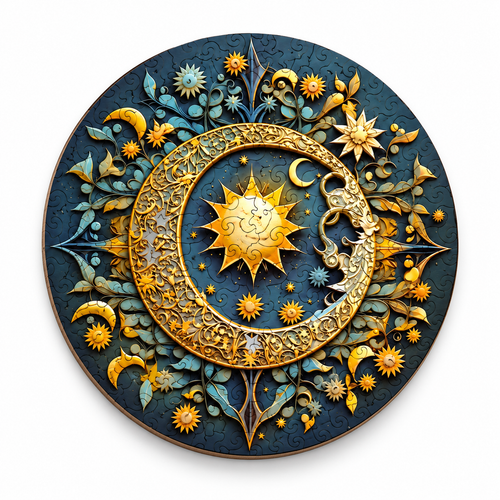 Completed Celestial Sun and Moon wooden jigsaw puzzle on white background