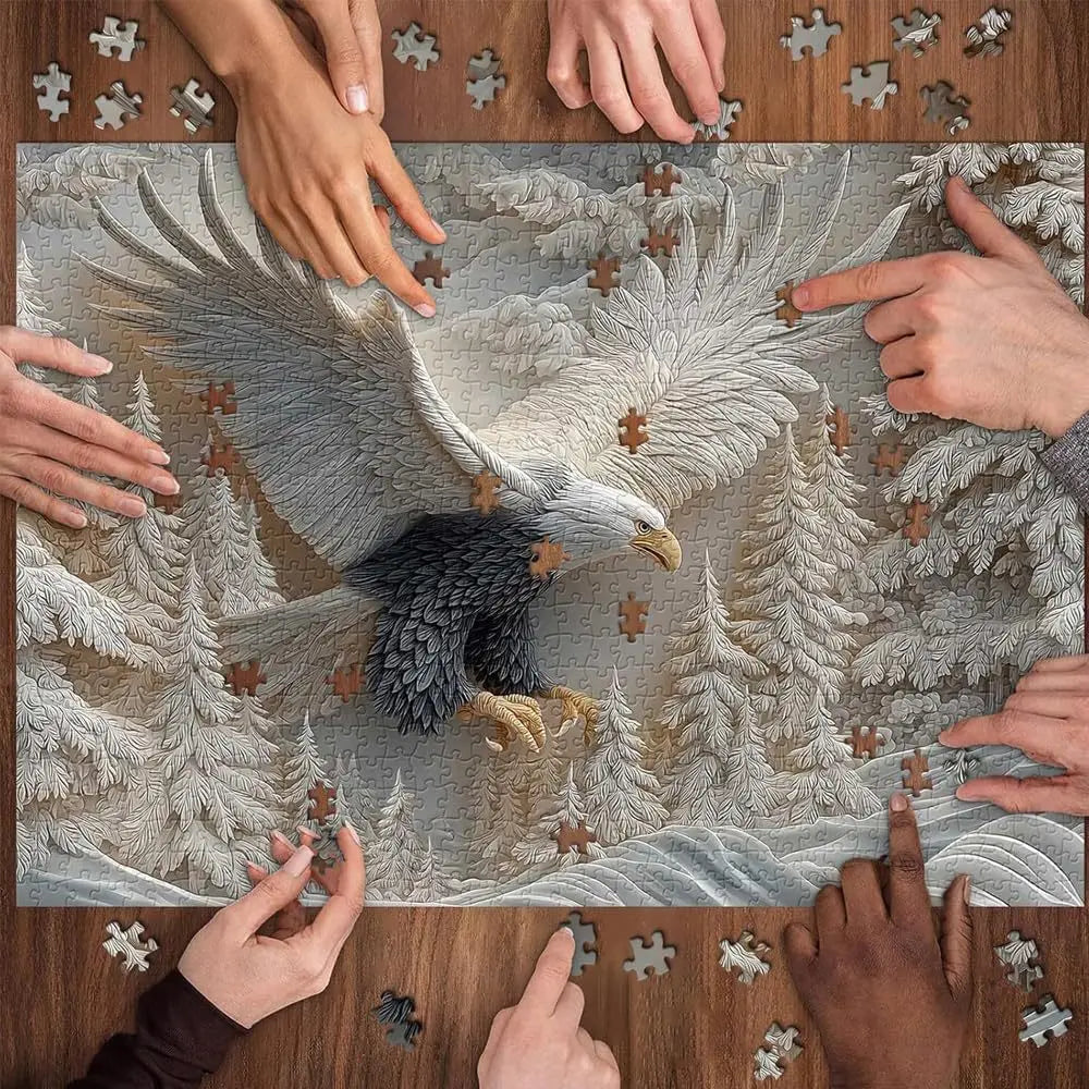 An adult assembling the challenging eagle puzzle, highlighting the expert difficulty level.