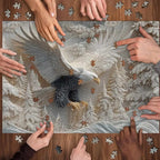 An adult assembling the challenging eagle puzzle, highlighting the expert difficulty level.