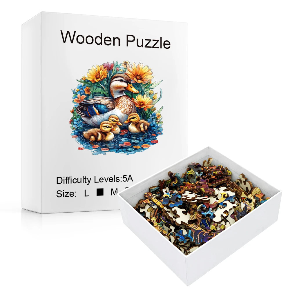 Wooden puzzle set with packaging featuring ducks and flowers.