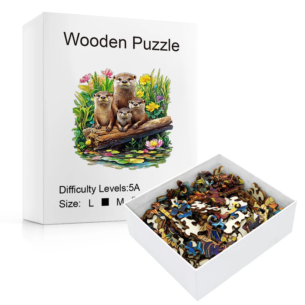 Wooden puzzle set with box featuring otters on a log and flowers.