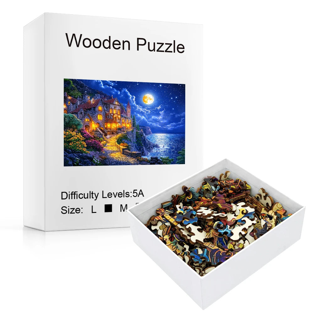 Wooden puzzle set with box featuring a scenic image of a house by a lake at night.