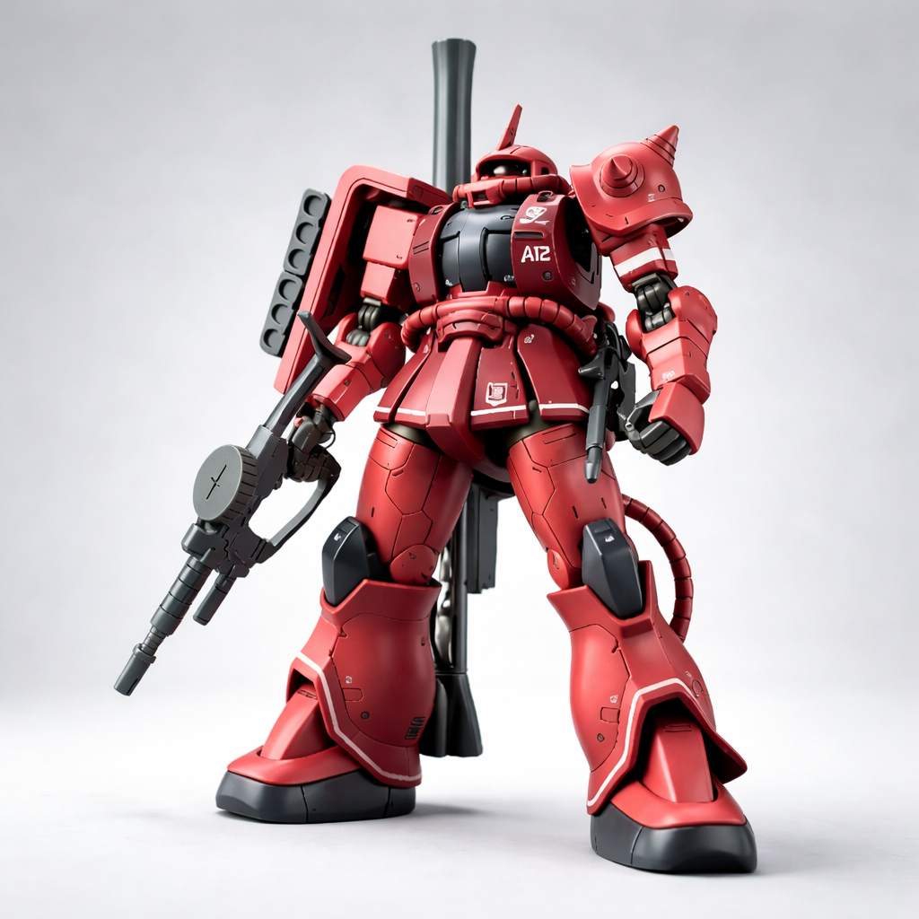 Char’s Red Zaku II MS-06S Gundam action figure with mono-eye head, large shoulder armor, and rifle weapon, photographed in studio lighting on a clean light gray background