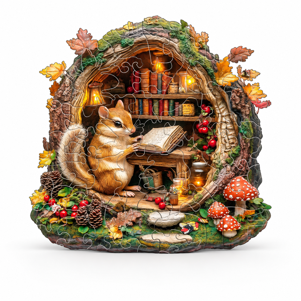 Chipmunk Reading in Tree Hollow Wooden Puzzle Animal Pieces