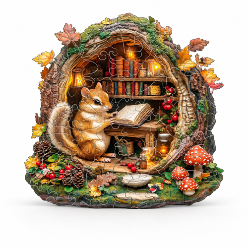Assembled chipmunk reading in a woodland tree hollow wooden puzzle, centered on white