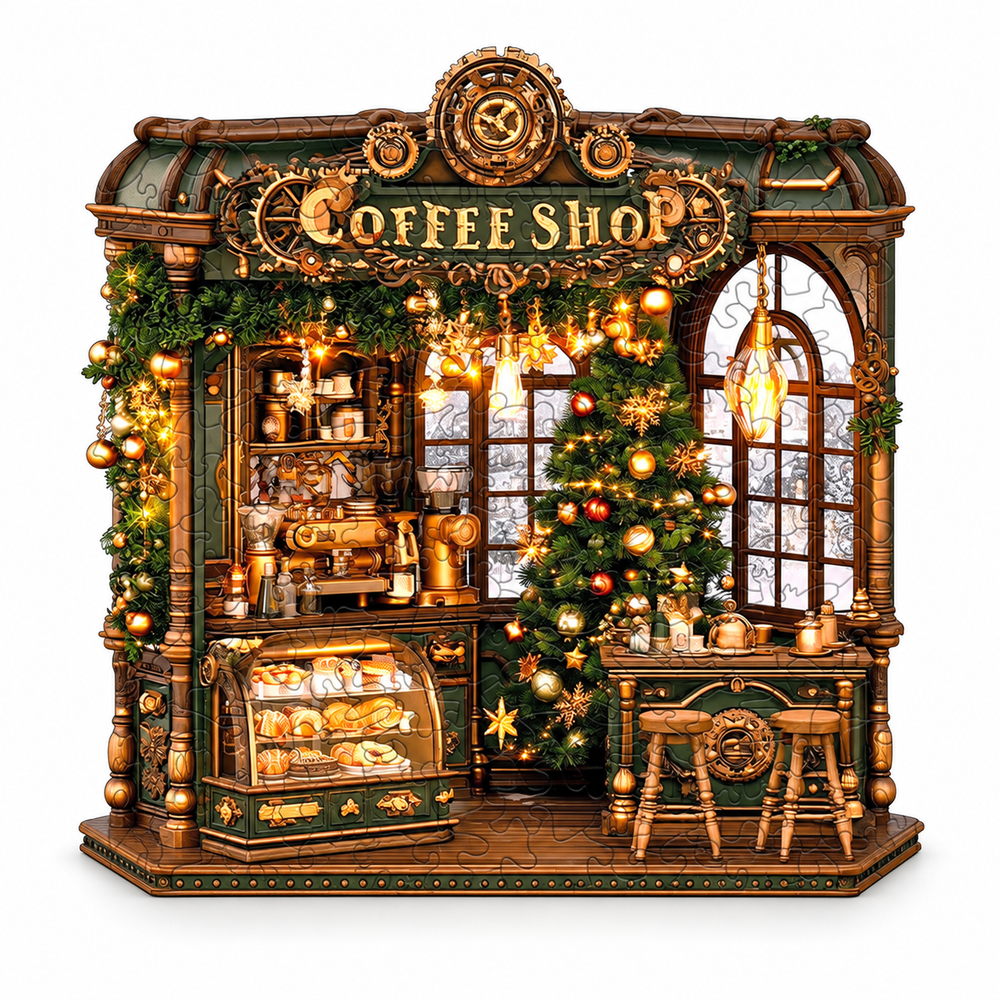 Christmas Coffee Shop Wooden Jigsaw Puzzle Animal Pieces