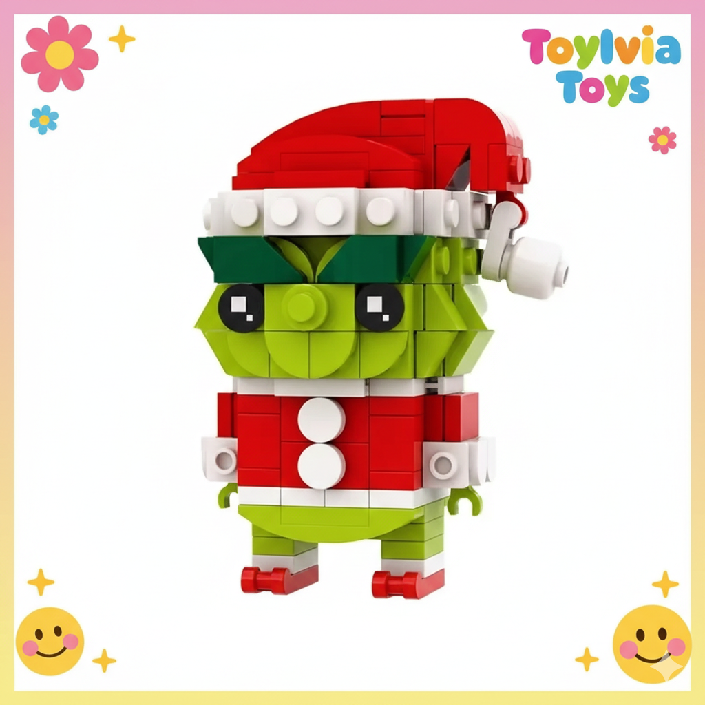 Toy figure made of interlocking bricks with a red hat and green face, branded 'Toyliuia Toys'. Main image