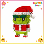 Toy figure made of interlocking bricks with a red hat and green face, branded 'Toyliuia Toys'.