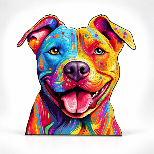 Chromatic Canine colorful dog high-difficulty wood jigsaw puzzle centered on white gradient background - Toylvia