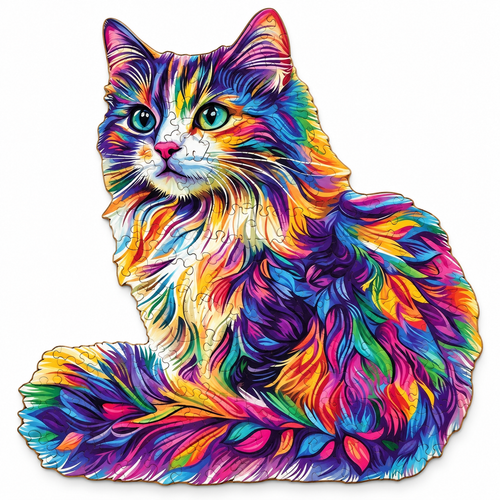 Completed colorful cat-shaped wooden jigsaw puzzle