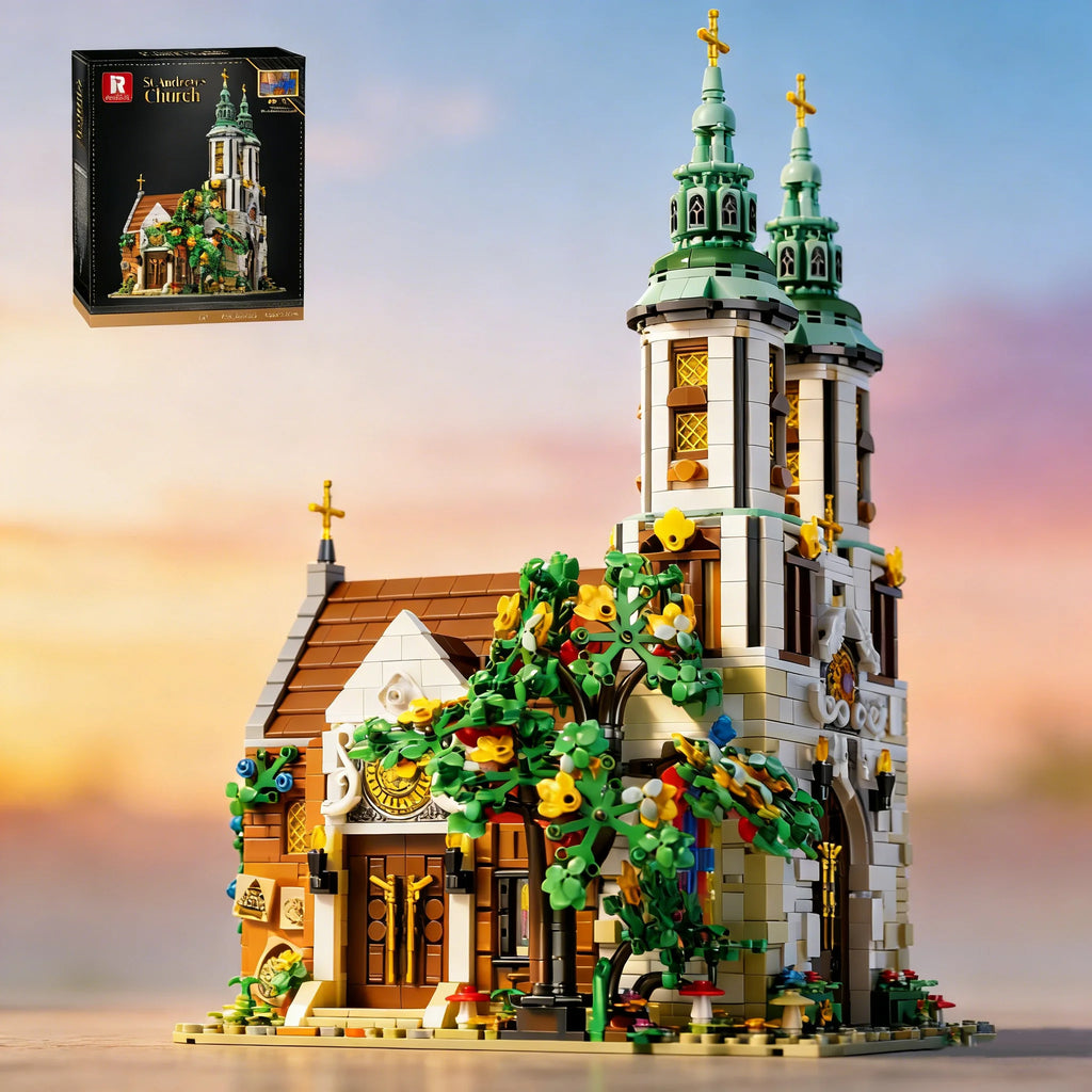 Detailed LEGO model of a church with a sunset background and packaging above.