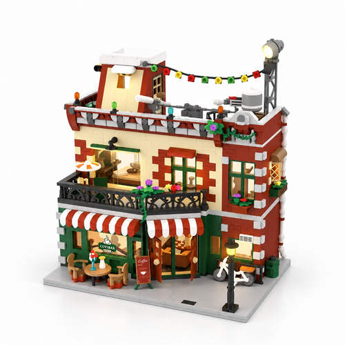 Centered City Coffee House building set with stage lights on a white studio floor