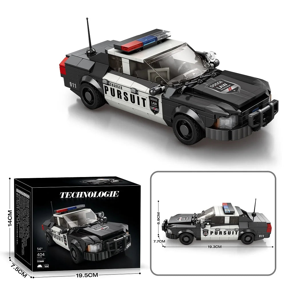 Toy police car set with packaging and dimensions on a white background