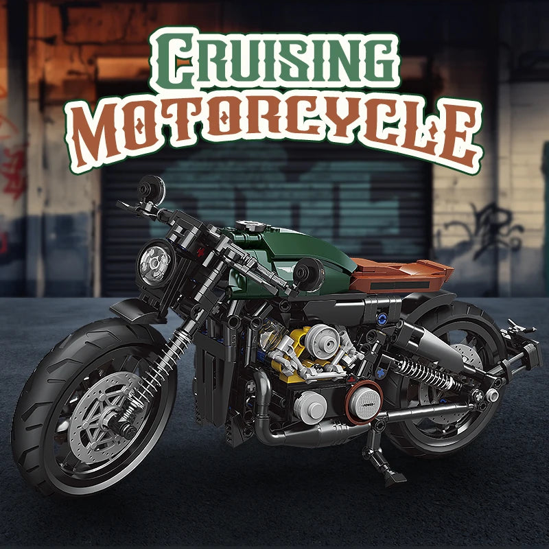 Model motorcycle with 'Cruising Motorcycle' text in a garage setting