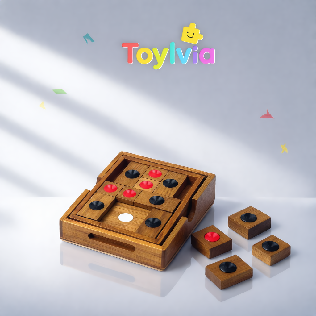 Top-down layout of the classic Huarong Road puzzle board with red, black, and white wooden pieces.