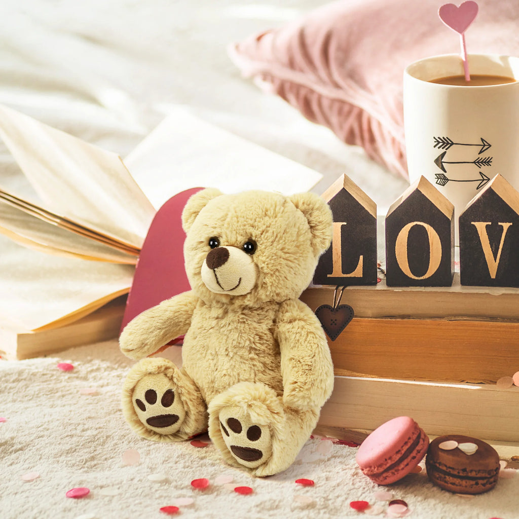 Teddy bear with 'LOVE' blocks and macarons on a soft surface