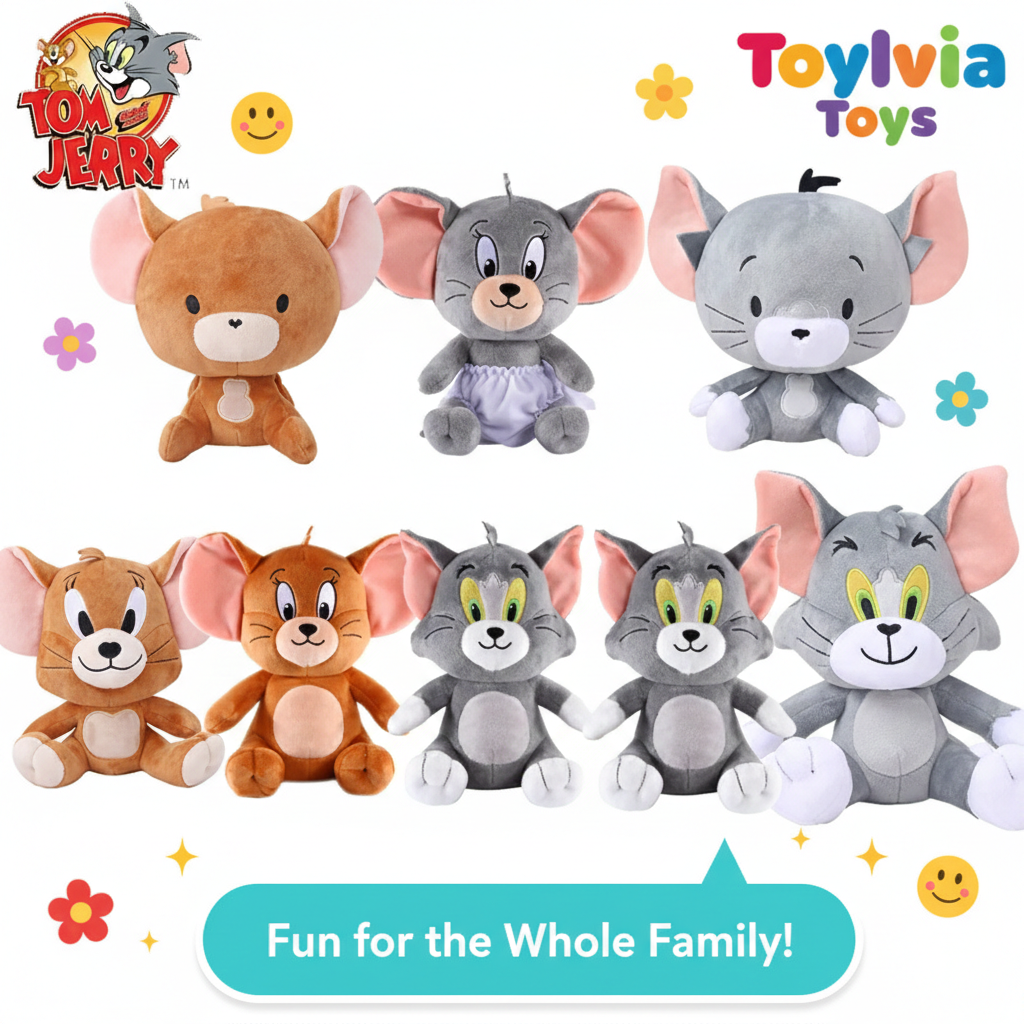 Plush toys resembling cartoon characters on a white background with 'Toylivia Toys' branding.