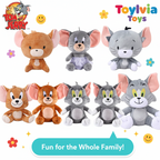 Plush toys resembling cartoon characters on a white background with 'Toylivia Toys' branding.