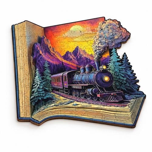 Train in the Book assembled flat wooden jigsaw, clean three-quarter studio photo