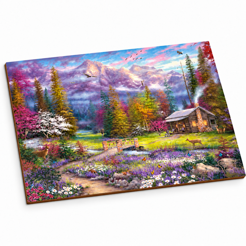 Mountain Cabin assembled flat wooden jigsaw, clean three-quarter studio photo