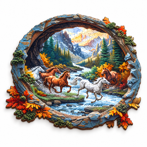 Wild Horses assembled flat wooden jigsaw, clean three-quarter studio photo