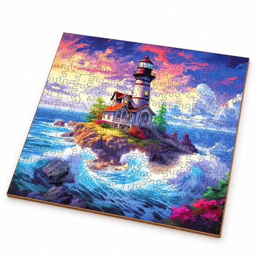 Wave Lighthouse assembled flat wooden jigsaw, clean three-quarter studio photo