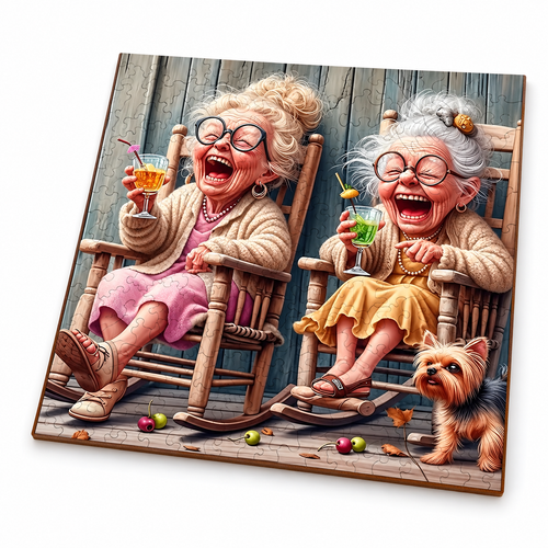Funny Elderly Couple assembled flat wooden jigsaw, clean three-quarter studio photo