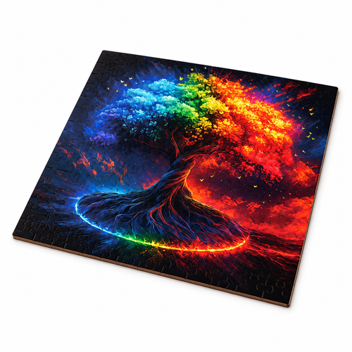 Colorful Tree of Life assembled flat wooden jigsaw, clean three-quarter studio photo