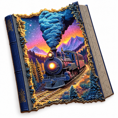 Train Wooden Puzzle assembled flat wooden jigsaw, clean three-quarter studio photo