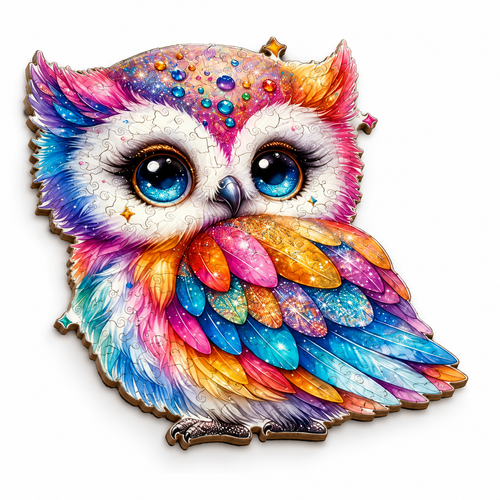 Rainbow Gemstone Owl assembled flat wooden jigsaw, clean three-quarter studio photo