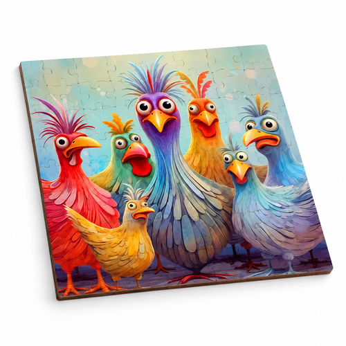 Colorful Chicken assembled flat wooden jigsaw, clean three-quarter studio photo