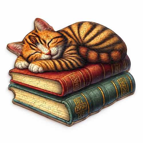 Sleeping Cat on Books assembled flat wooden jigsaw, clean three-quarter studio photo
