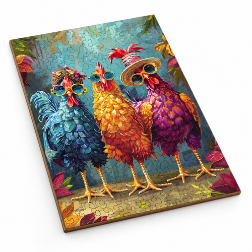 Colorful Roosters assembled flat wooden jigsaw, clean three-quarter studio photo