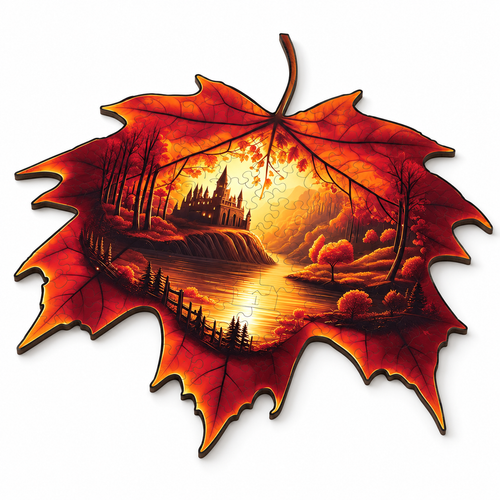 World in the Maple Leaf assembled flat wooden jigsaw, clean three-quarter studio photo