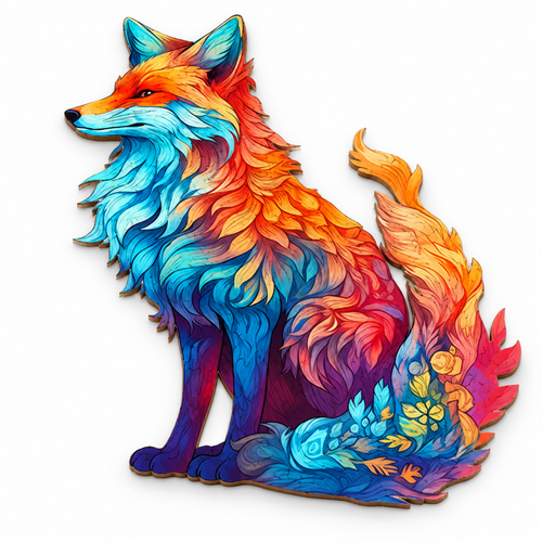 Colorful Fox assembled flat wooden jigsaw, clean three-quarter studio photo