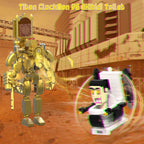 Mechanical robot and character in a desert-like setting with text overlay
